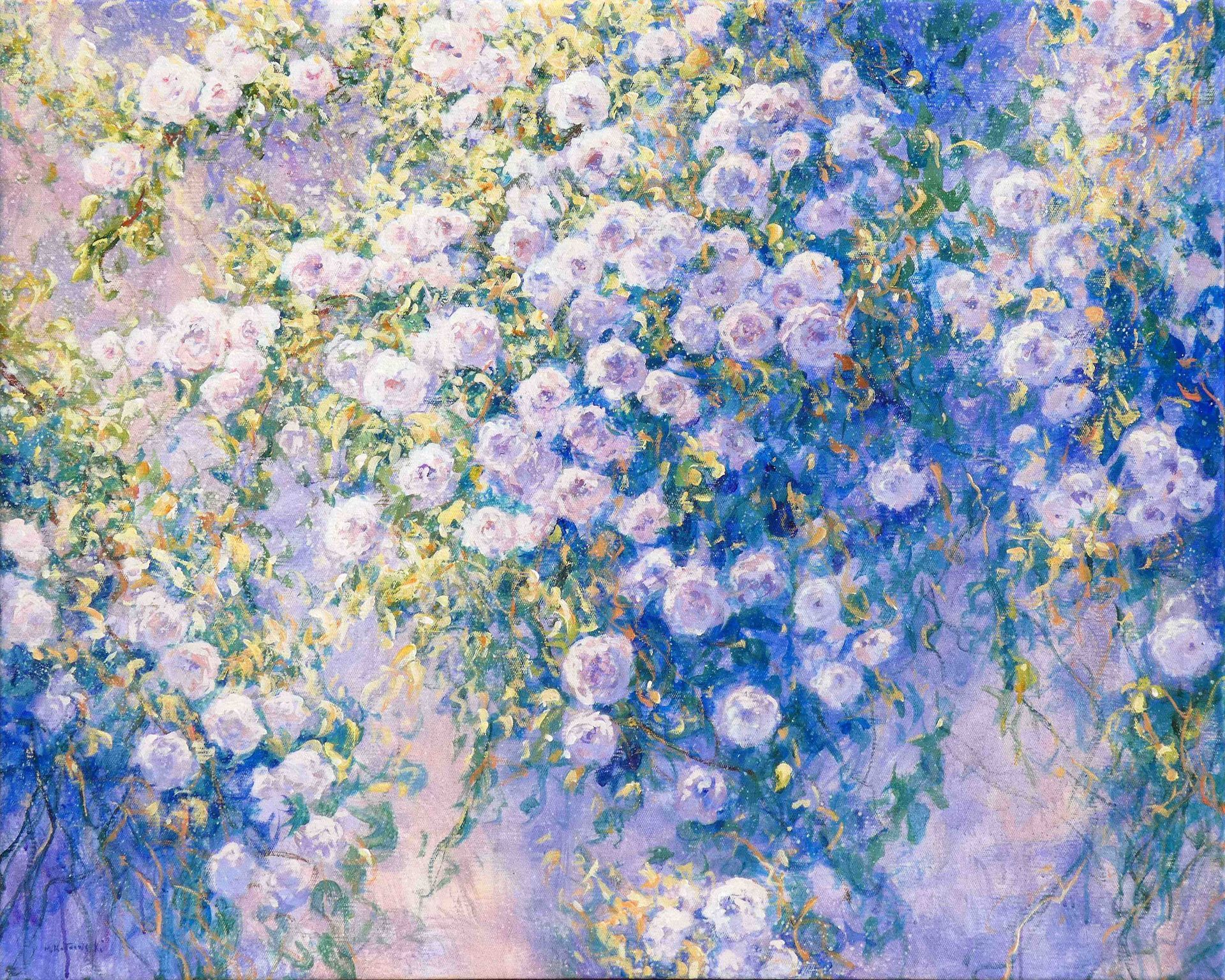 In Blooming Silence by Mariusz Kaldowski – acrylic floral painting of a tranquil garden scene with roses