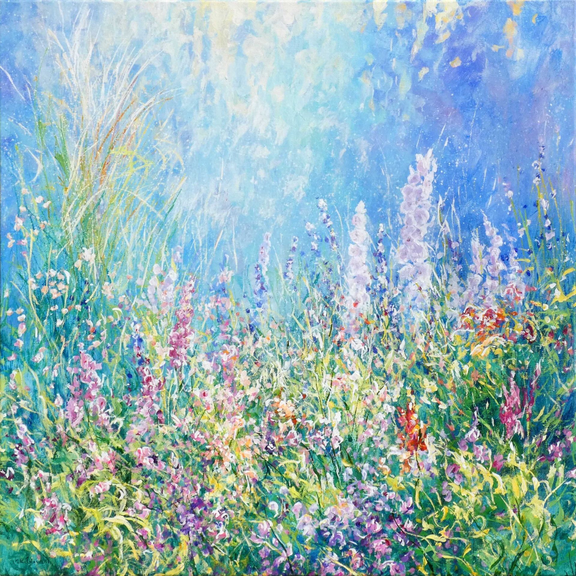 Delphinium floral painting by Mariusz Kaldowski – acrylic on canvas with blue garden flowers