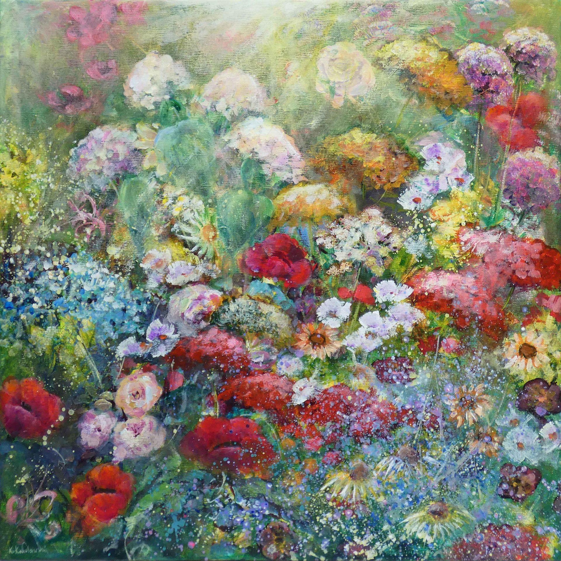 Potpourri painting of flower meadow mix, acrylic on canvas 90x90cm