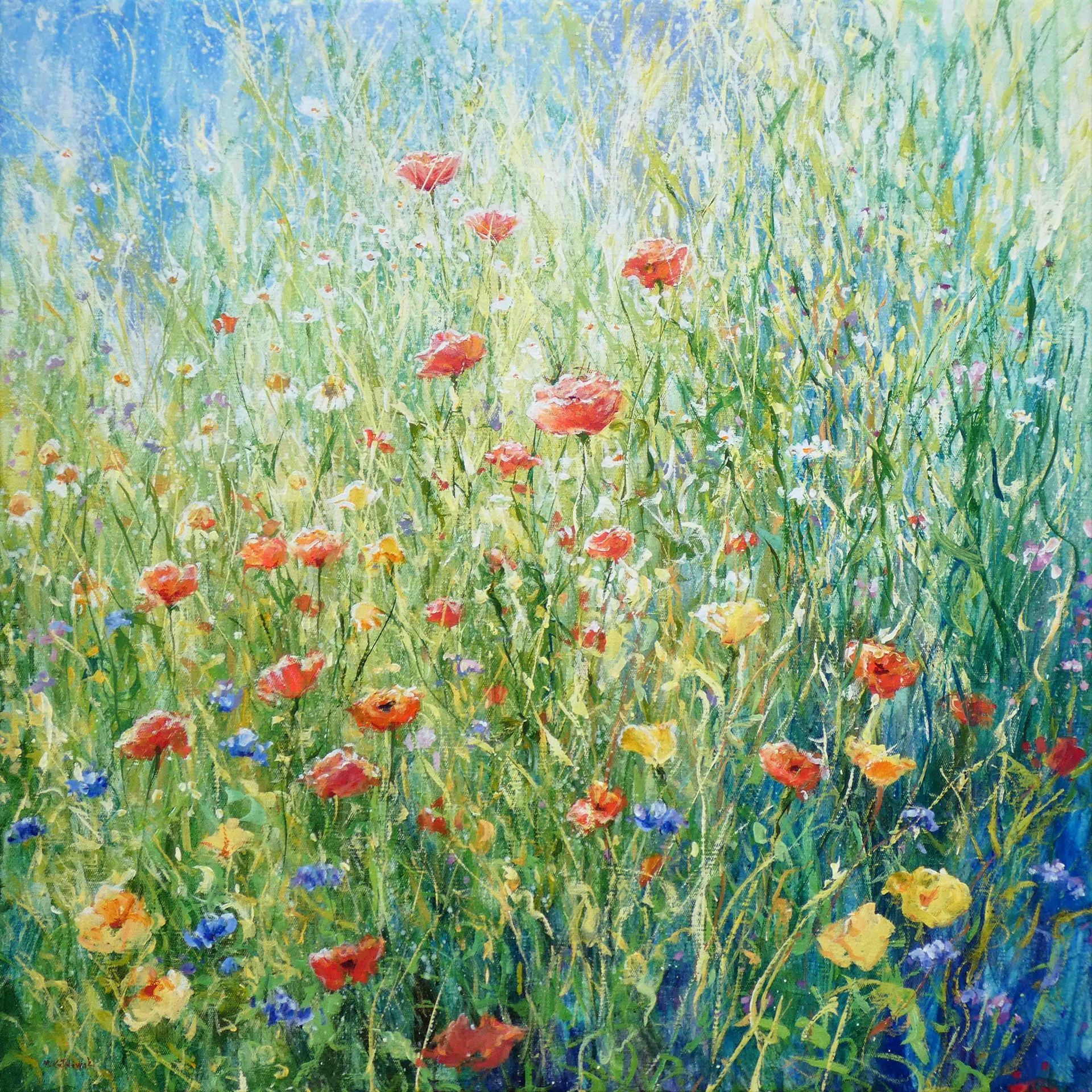 Wild Garden painting by Mariusz Kaldowski – acrylic meadow artwork with wildflowers in summer