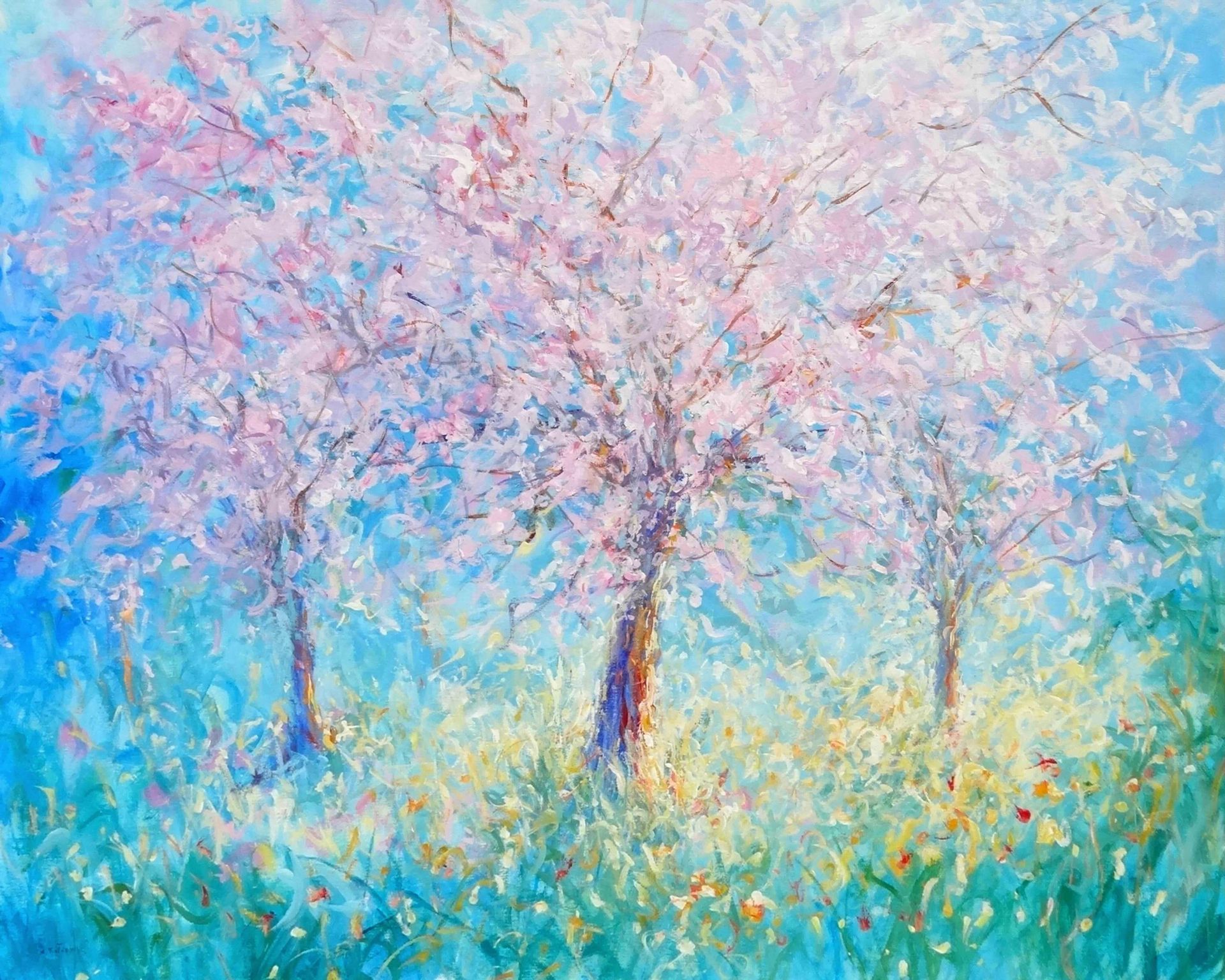 Blossoms painting by Mariusz Kaldowski – acrylic floral artwork with pastel spring petals