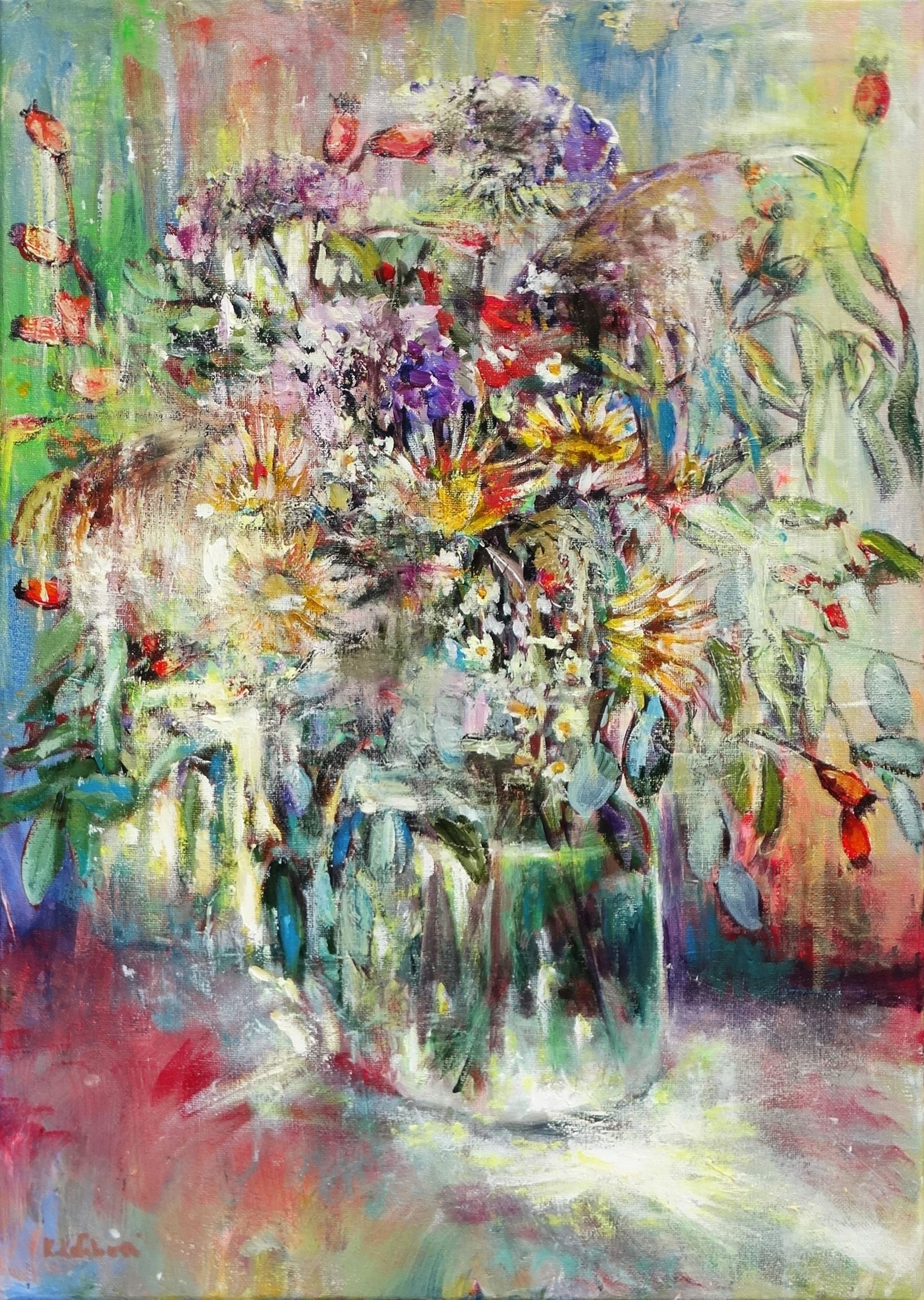 Celebration, oil on canvas 59.5x42.3cm, vibrant wildflowers in a vase
