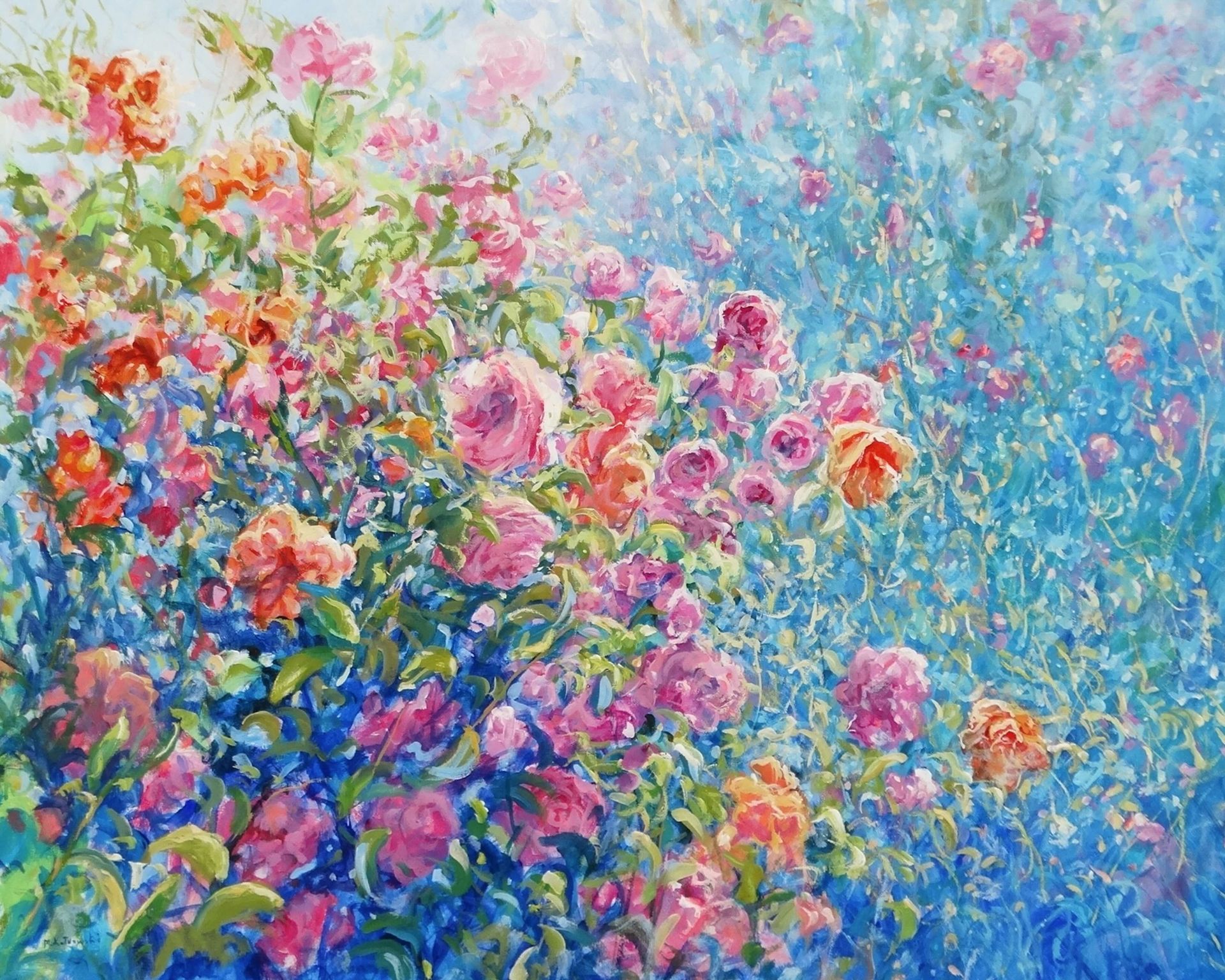 Rhapsody in Bloom painting by Mariusz Kaldowski – colourful acrylic artwork of camellia blossoms in full bloom