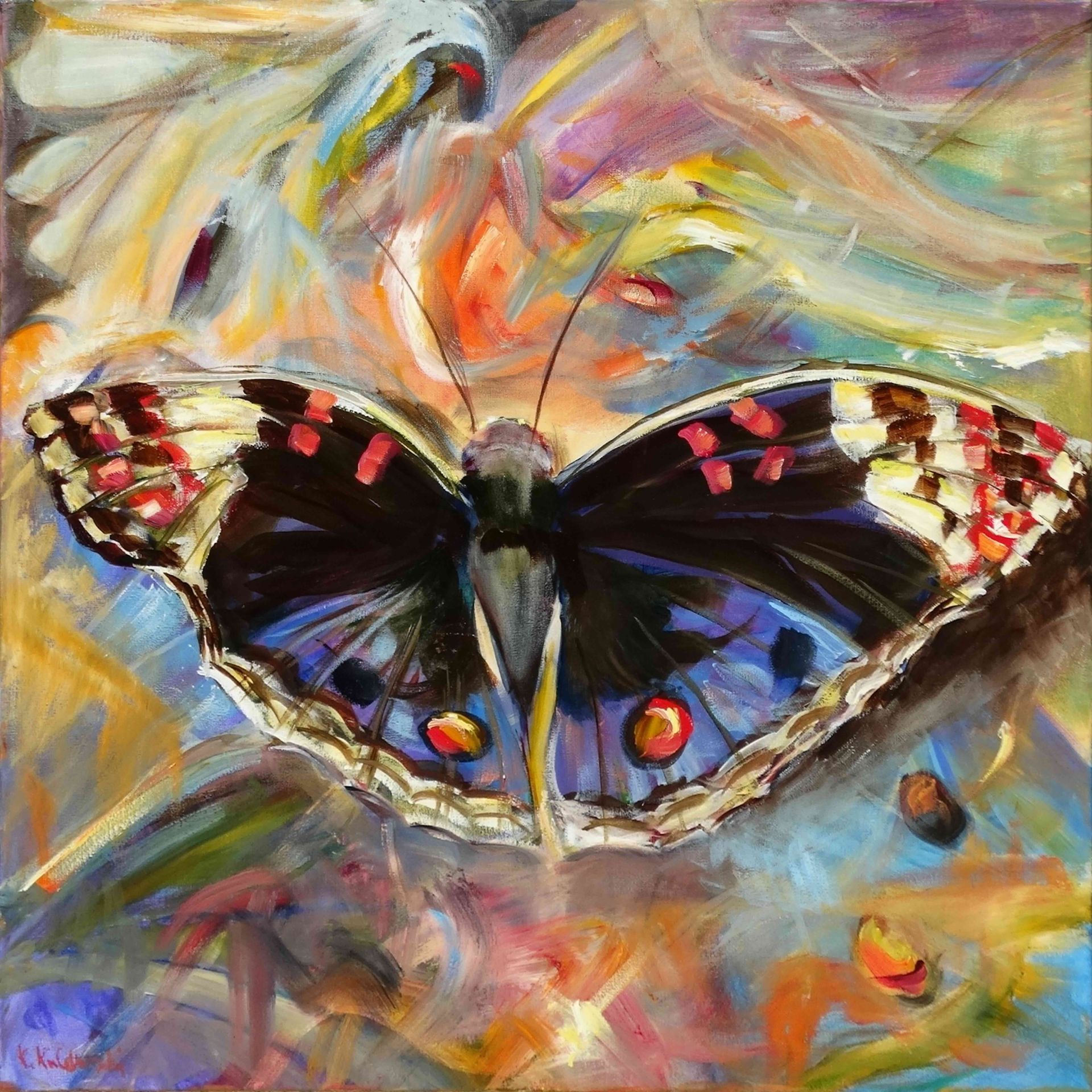 Quiet Flutter, oil on canvas 60x60cm, delicate butterfly in natural setting