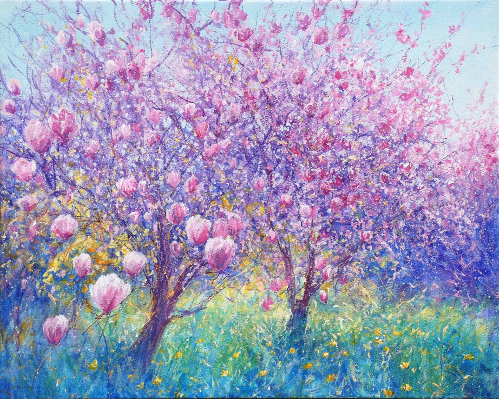 Magnolia painting by Mariusz Kaldowski – acrylic floral artwork with pink blossoms on canvas