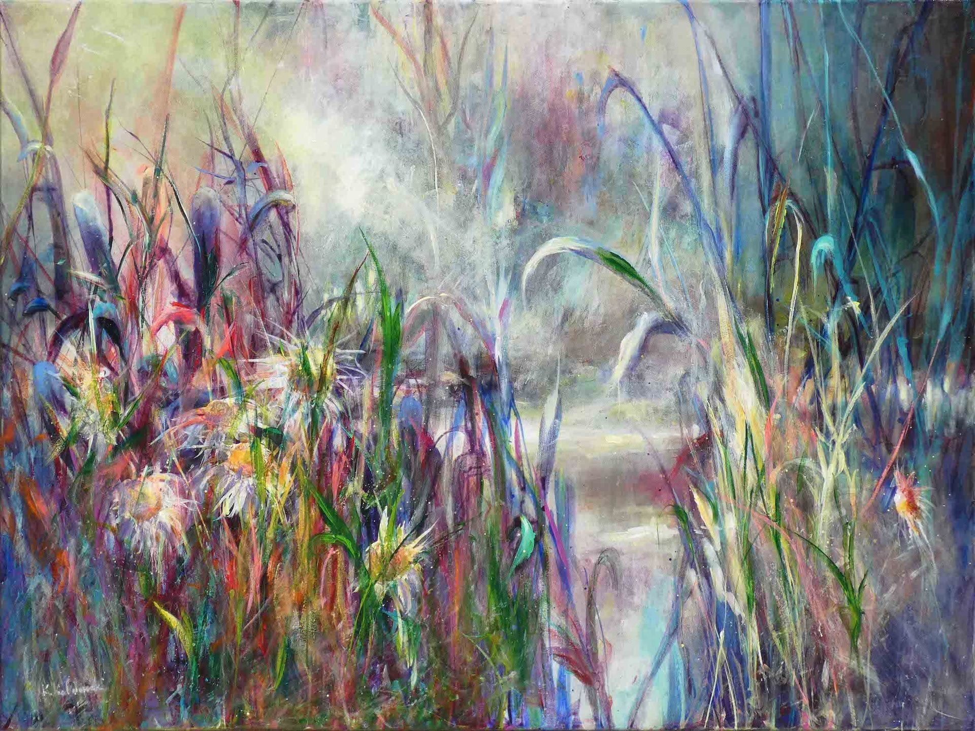 Colours of Nature, acrylic on canvas 90x120cm, painting of grasses reeds and water 