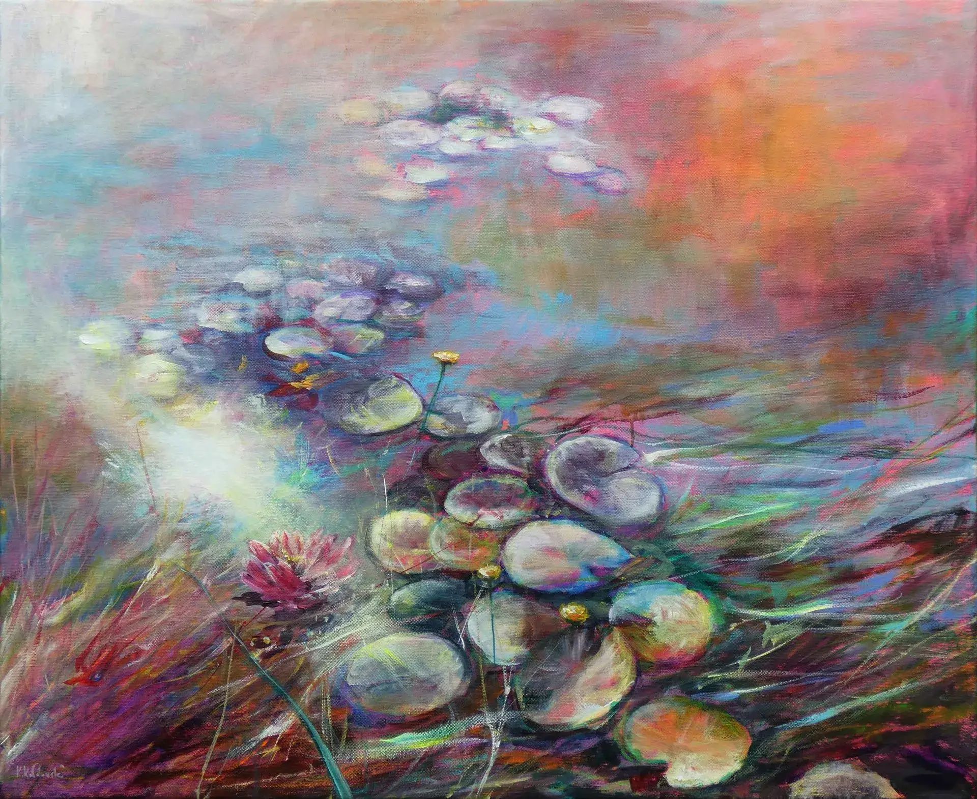 Pond Life, acrylic on canvas painting by Kasia Kaldowski 90x110cm, tranquil water reflections with lilies