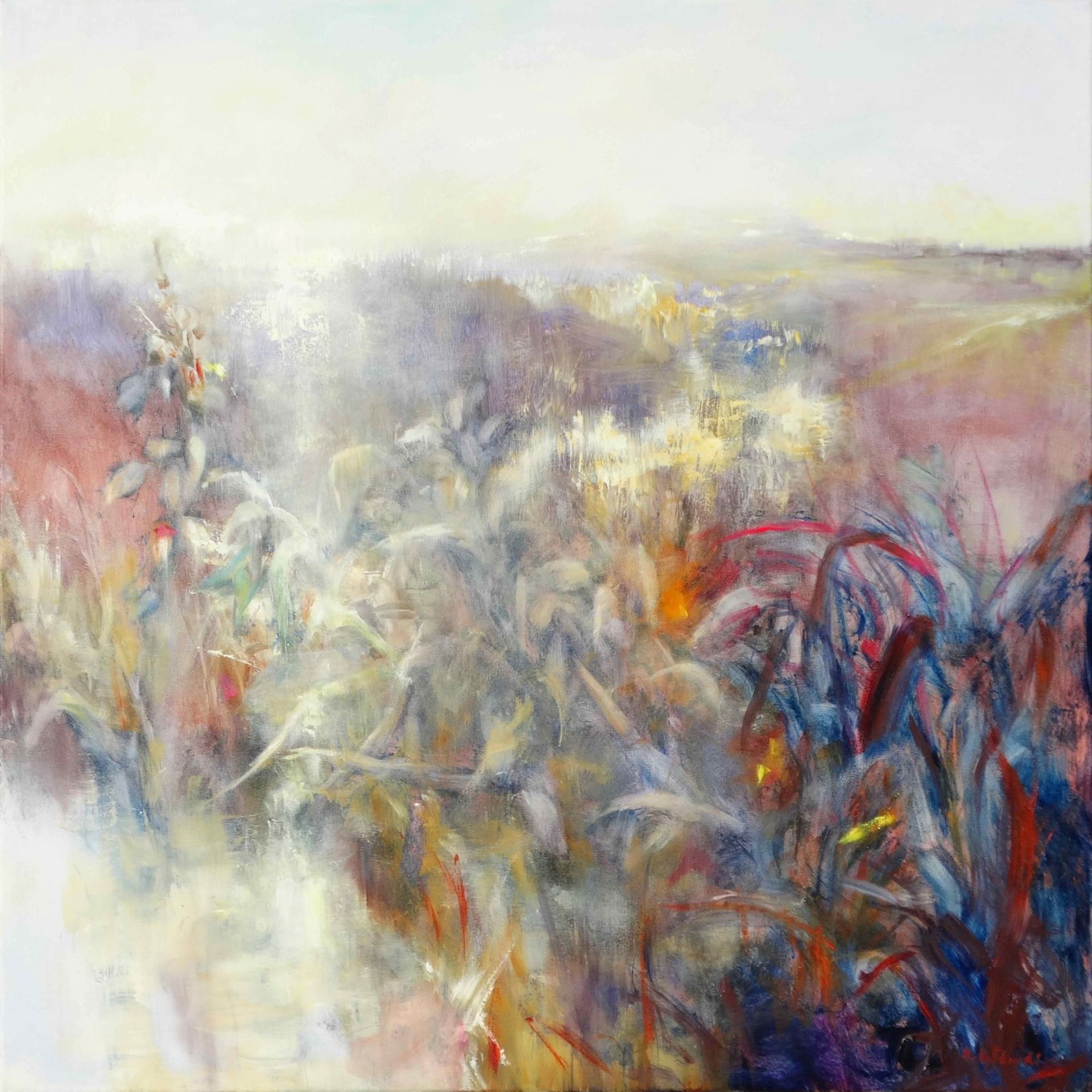 Golden Hours, oil on canvas painting by Kasia Kaldowski, abstract sunset landscape oil painting in warm tones.