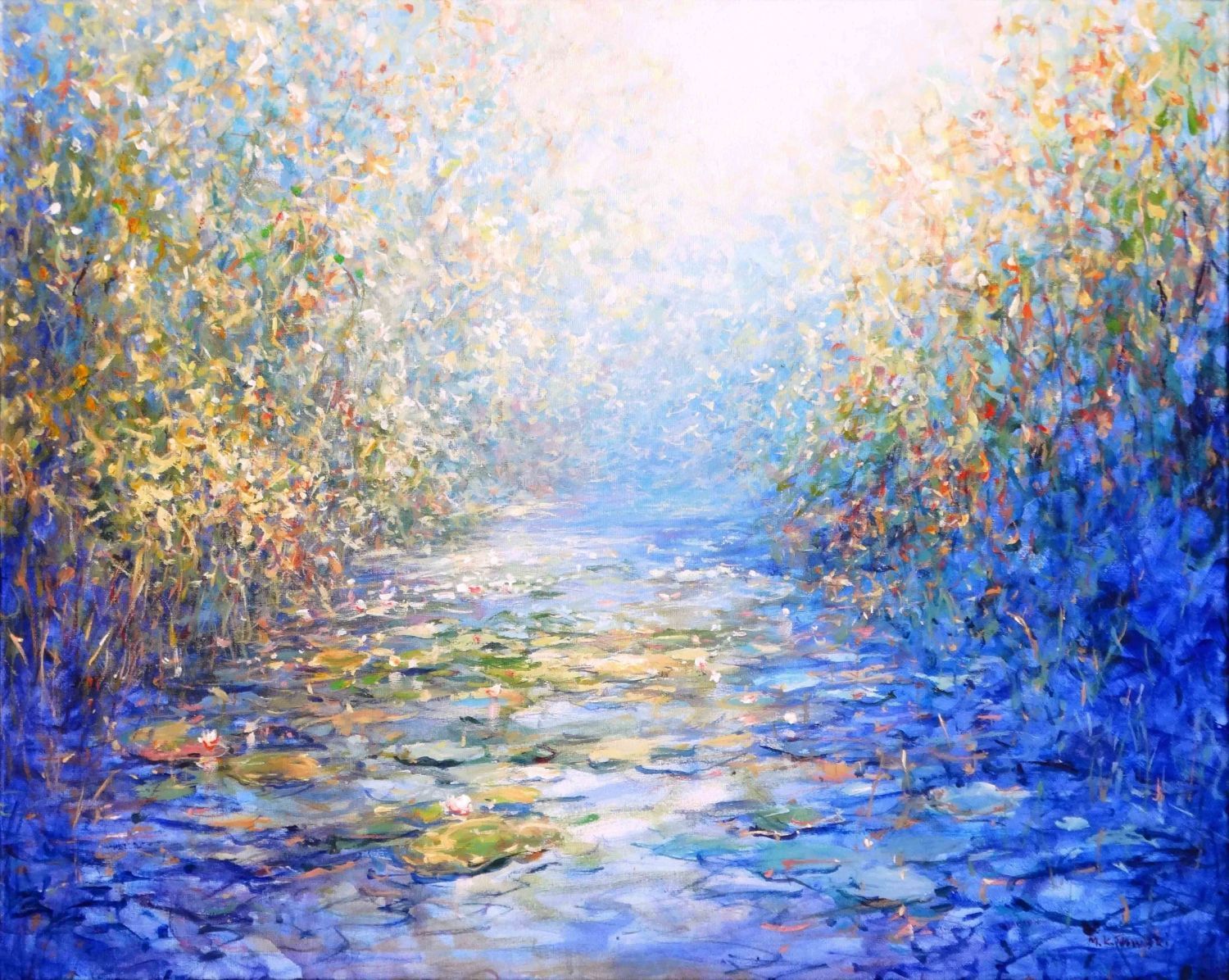 impressionistic painting of a river with waterlilies by Mariusz Kaldowski