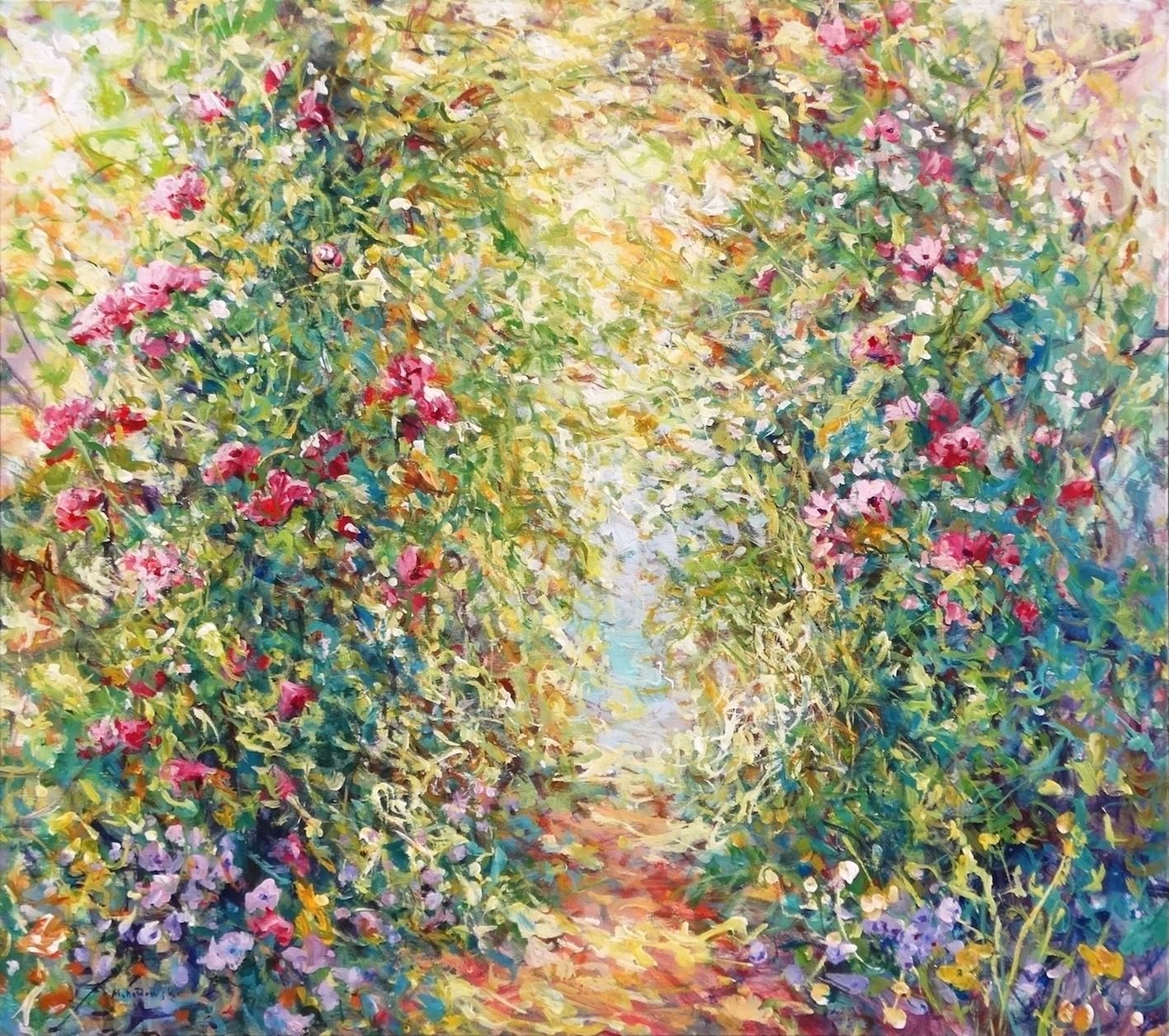 Pergola painting by Mariusz Kaldowski – acrylic artwork with sunlit vines and garden blooms