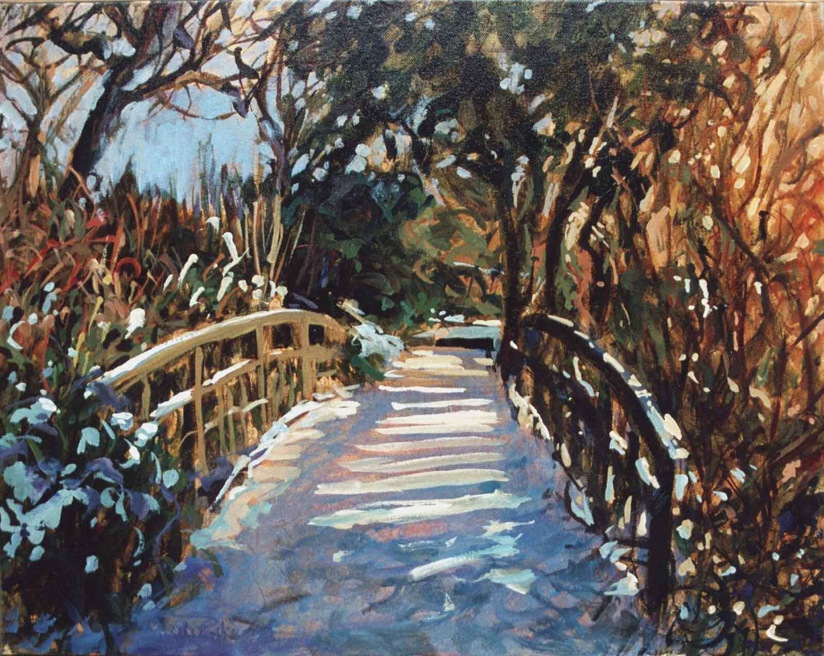 Regent’s Park landscape painting No. 4 by Mariusz Kaldowski — acrylic on canvas, a bridge in London park