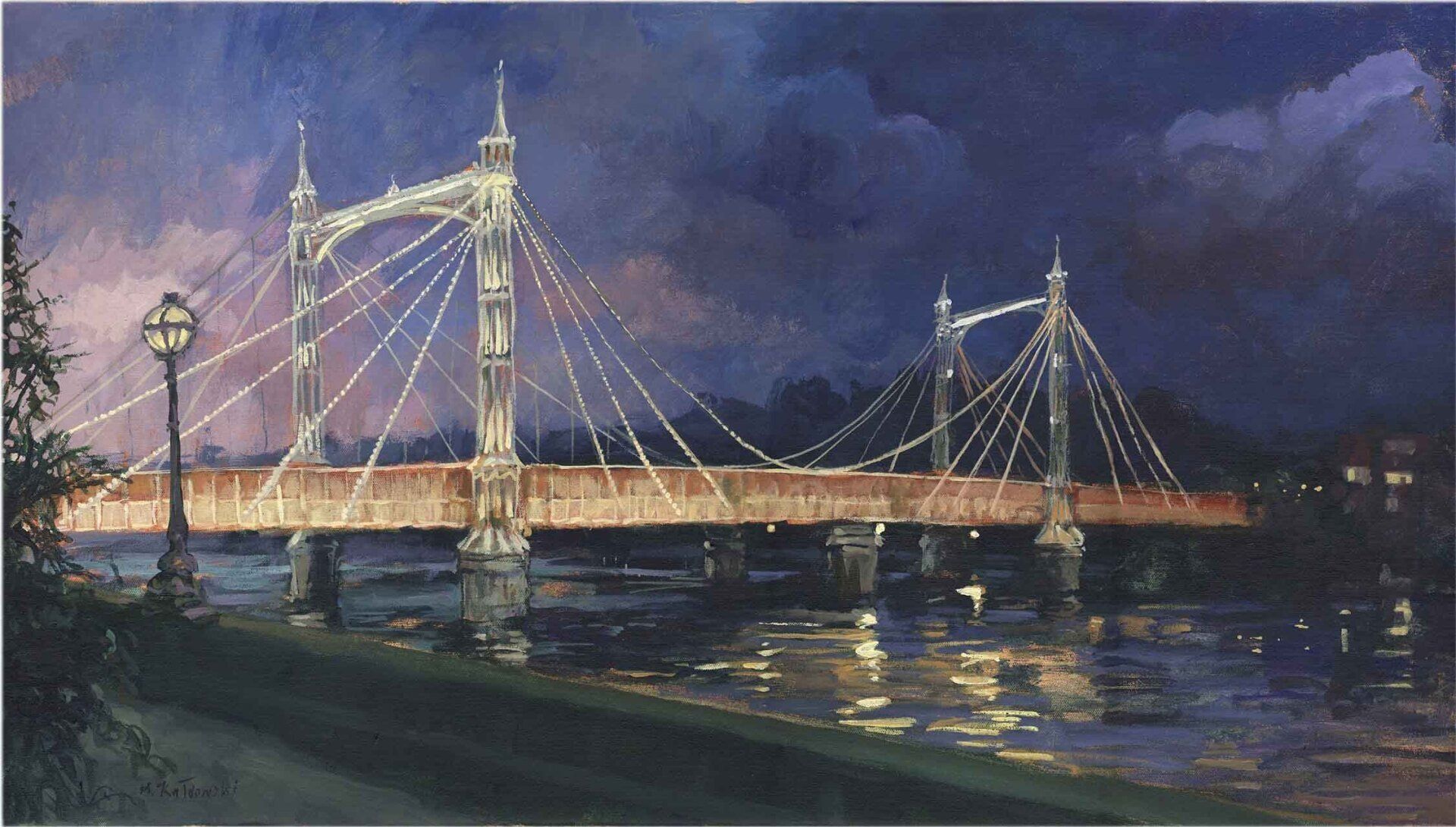 Albert Bridge at Night — London bridge in nocturnal light, painting by Mariusz Kaldowski