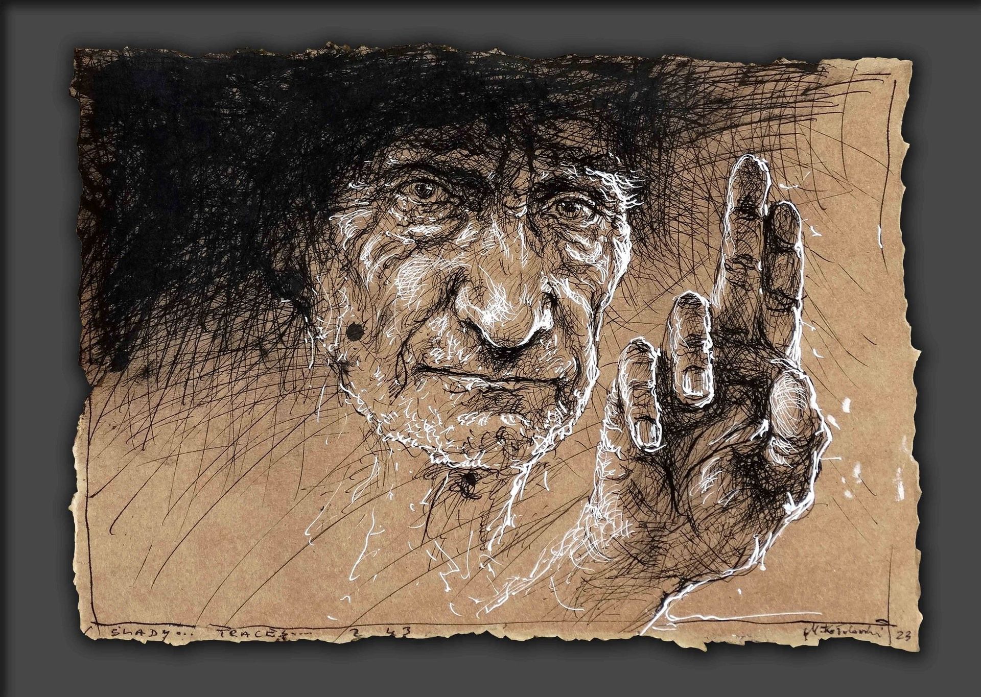 Expressive head and hand study drawing of an elderly man by Mariusz Kaldowski