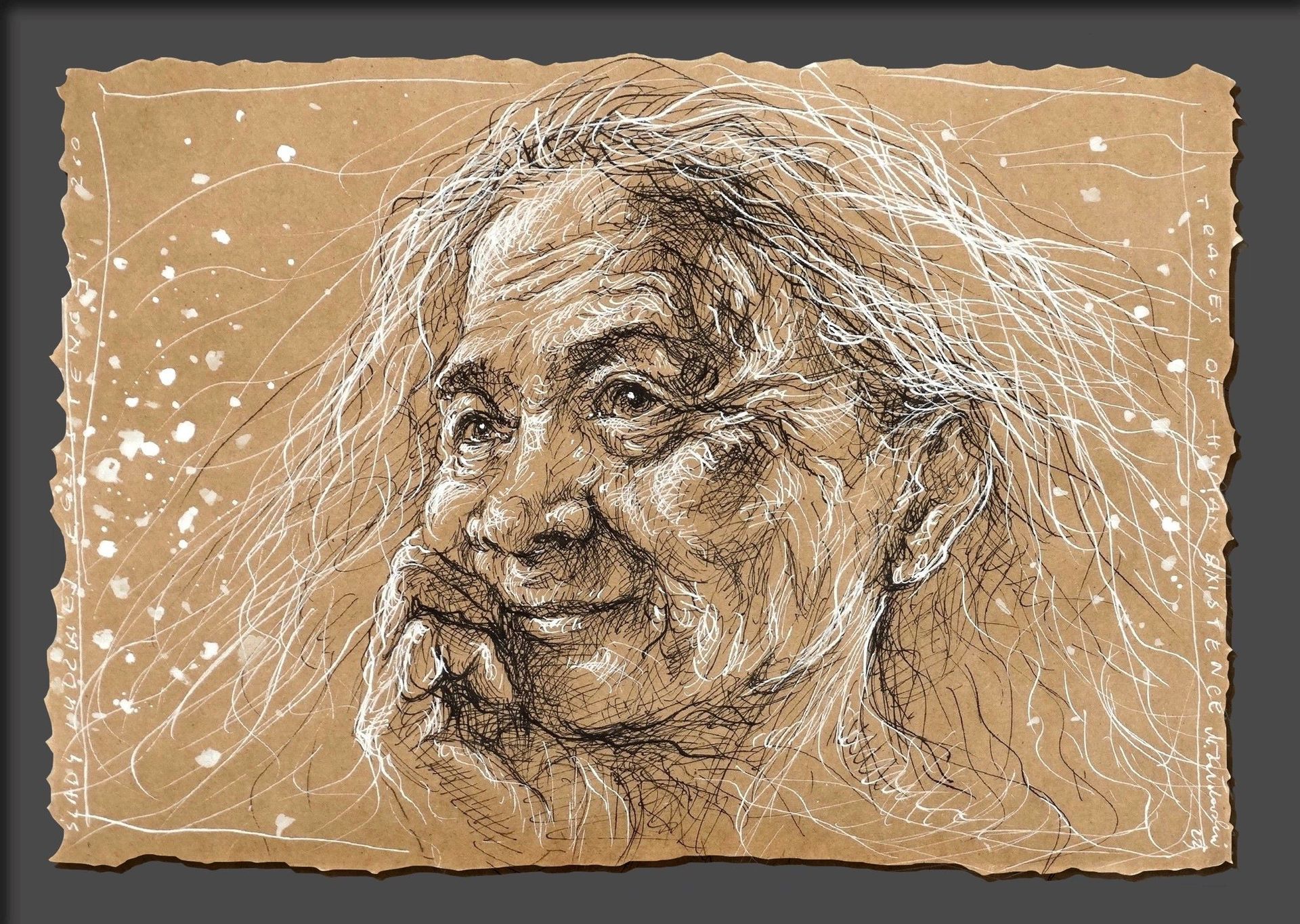 Portrait pen& ink drawing of an older woman by Mariusz Kaldowski