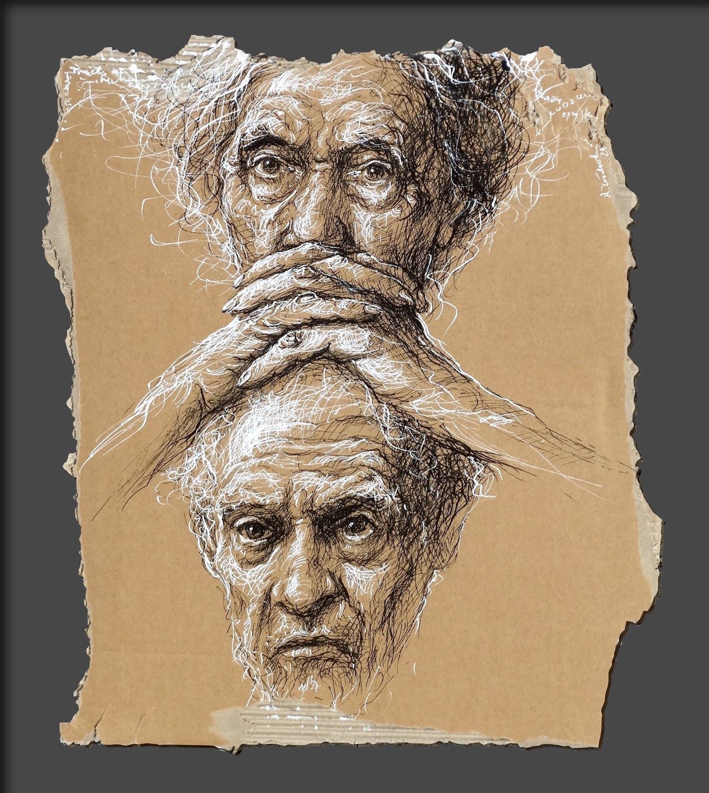 Two faces pen and ink drawing by Mariusz Kaldowski