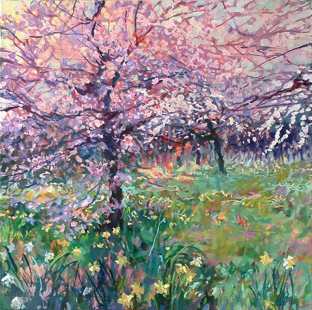 Regent’s Park landscape painting No. 24 by Mariusz Kaldowski — acrylic on canvas, cherry trees in London park