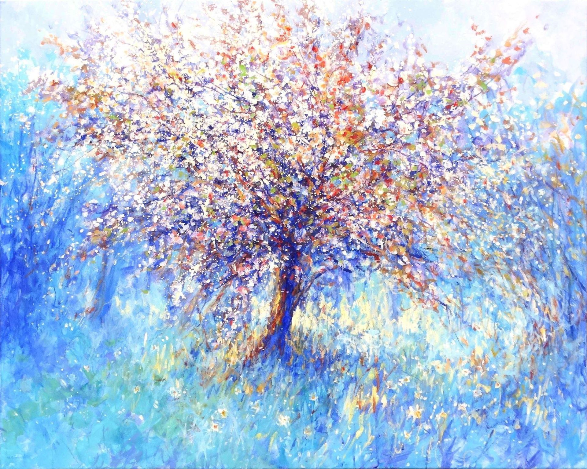 Spring – painting by Mariusz Kaldowski, acrylic artwork of a tree in bloom under spring light
