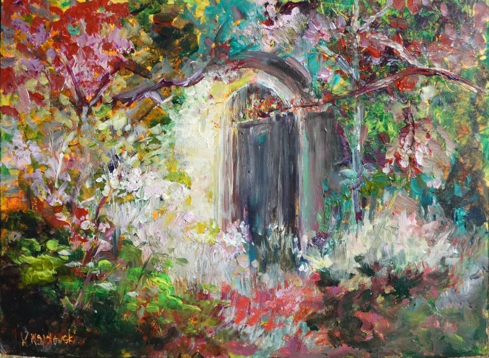 Nymans 2024 acrylic painting by Kasia Kaldowski, inspired by National Trust gardens, garden gate in flower arches at the park