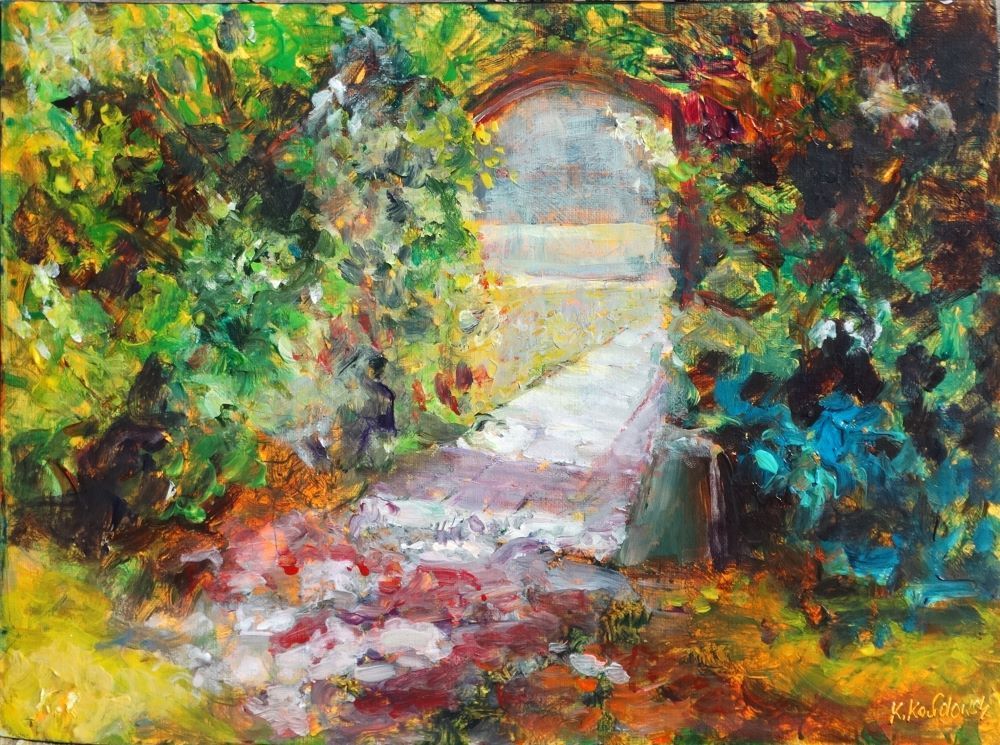 Nymans 2024 acrylic painting by Kasia Kaldowski, inspired by National Trust gardens, old garden gate at the park