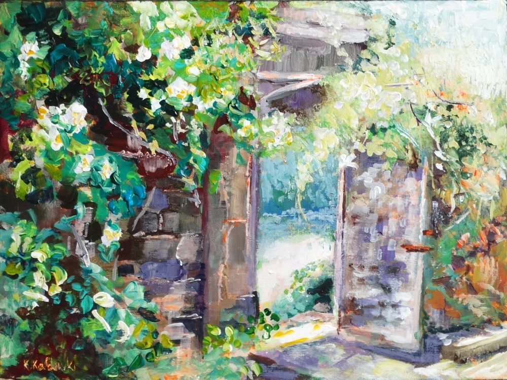 Nymans 2024 acrylic painting by Kasia Kaldowski, inspired by National Trust gardens, gate to a garden in the park