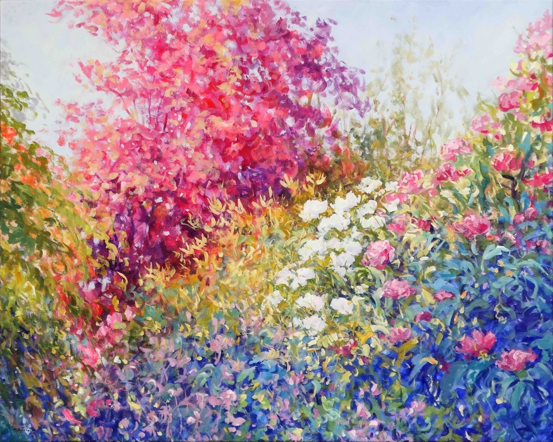 Joy of Nature – painting by Mariusz Kaldowski, acrylic garden artwork with vivid flowers in summer tones
