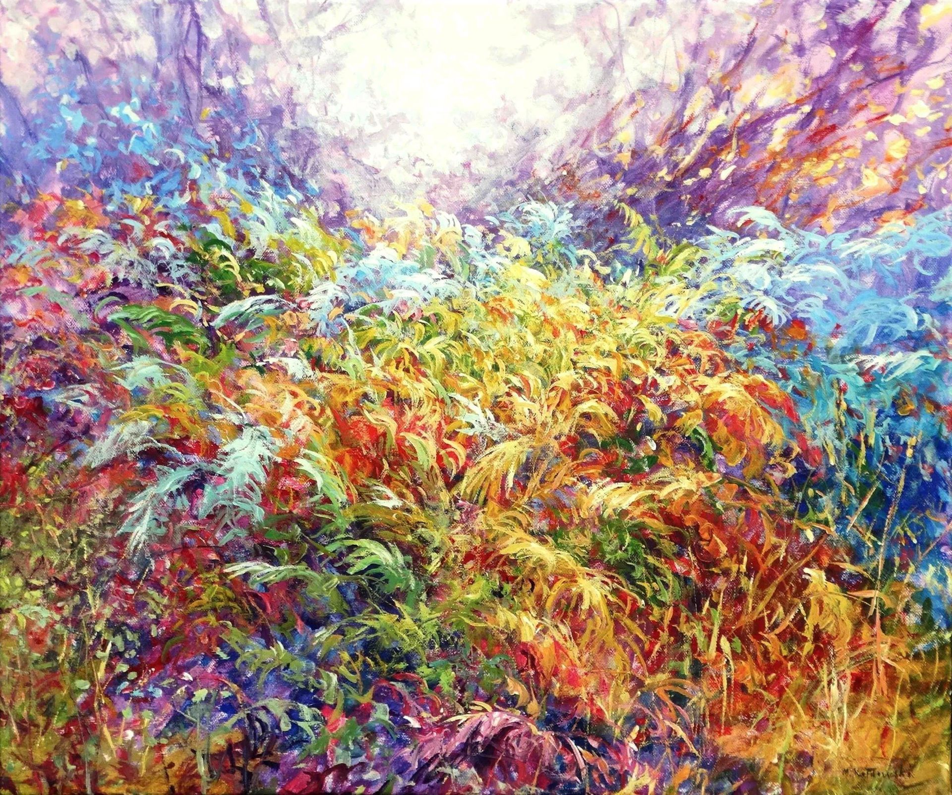 Vibrant wild ferns painted in layers of red, green, blue and golden brushstrokes.