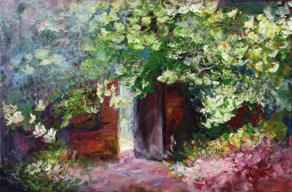 Nymans 2024 acrylic painting by Kasia Kaldowski, inspired by National Trust gardens, old wooden gate at the park
