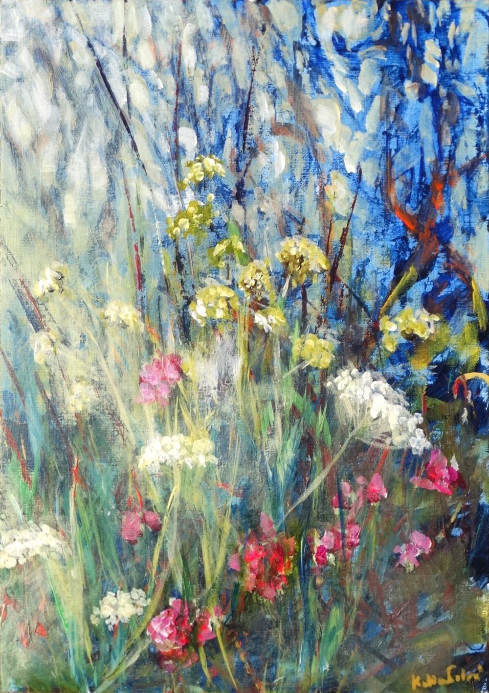 Nymans 2024 acrylic painting by Kasia Kaldowski, inspired by National Trust gardens, flower meadow at the park