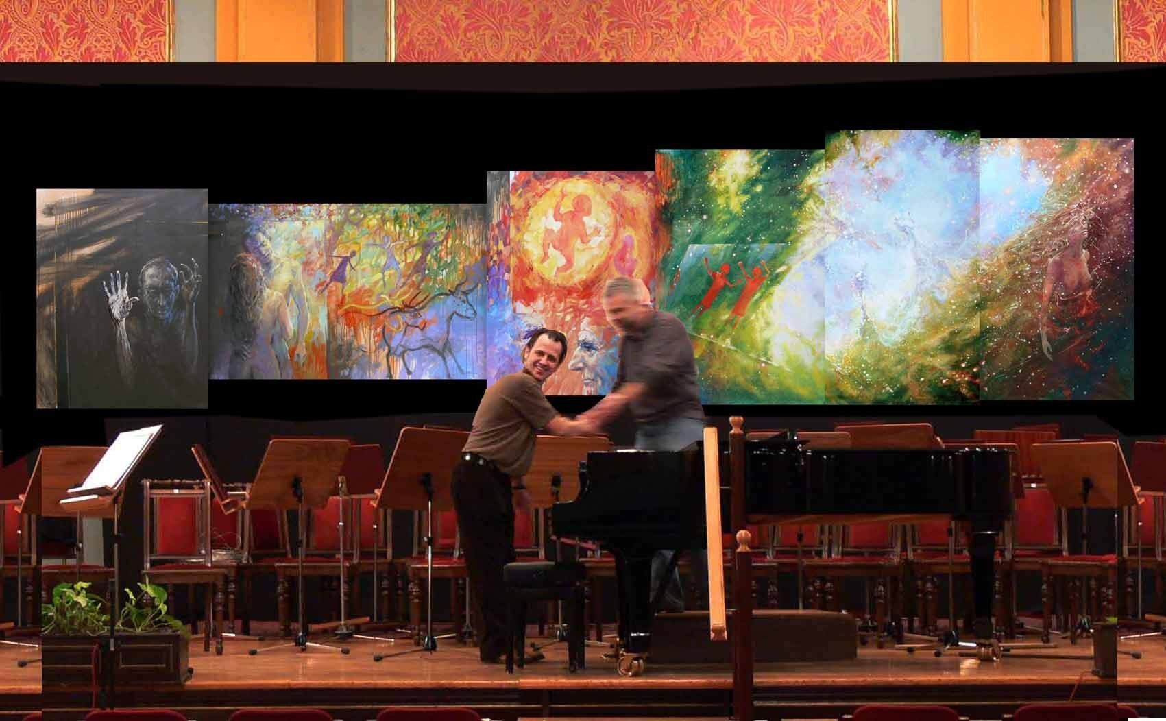 Mariusz Kaldowski and art director of Amadeus Orchestra, Piotr Luzny, with painting to Mussorgsky's Pictures at an Exhibition