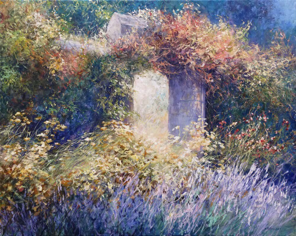 National Trust painting by Mariusz Kaldowski — acrylic on canvas, inspired by old green old garden door at Nymans