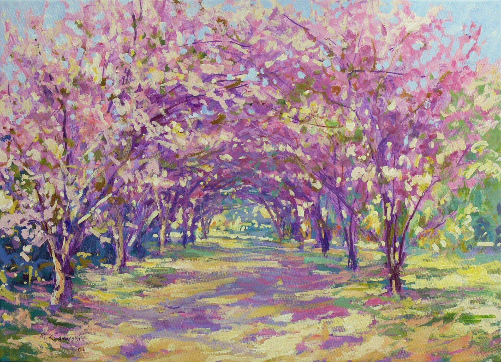 Regent’s Park landscape painting No. 15 by Mariusz Kaldowski — acrylic on canvas, cherry tree alley in London park