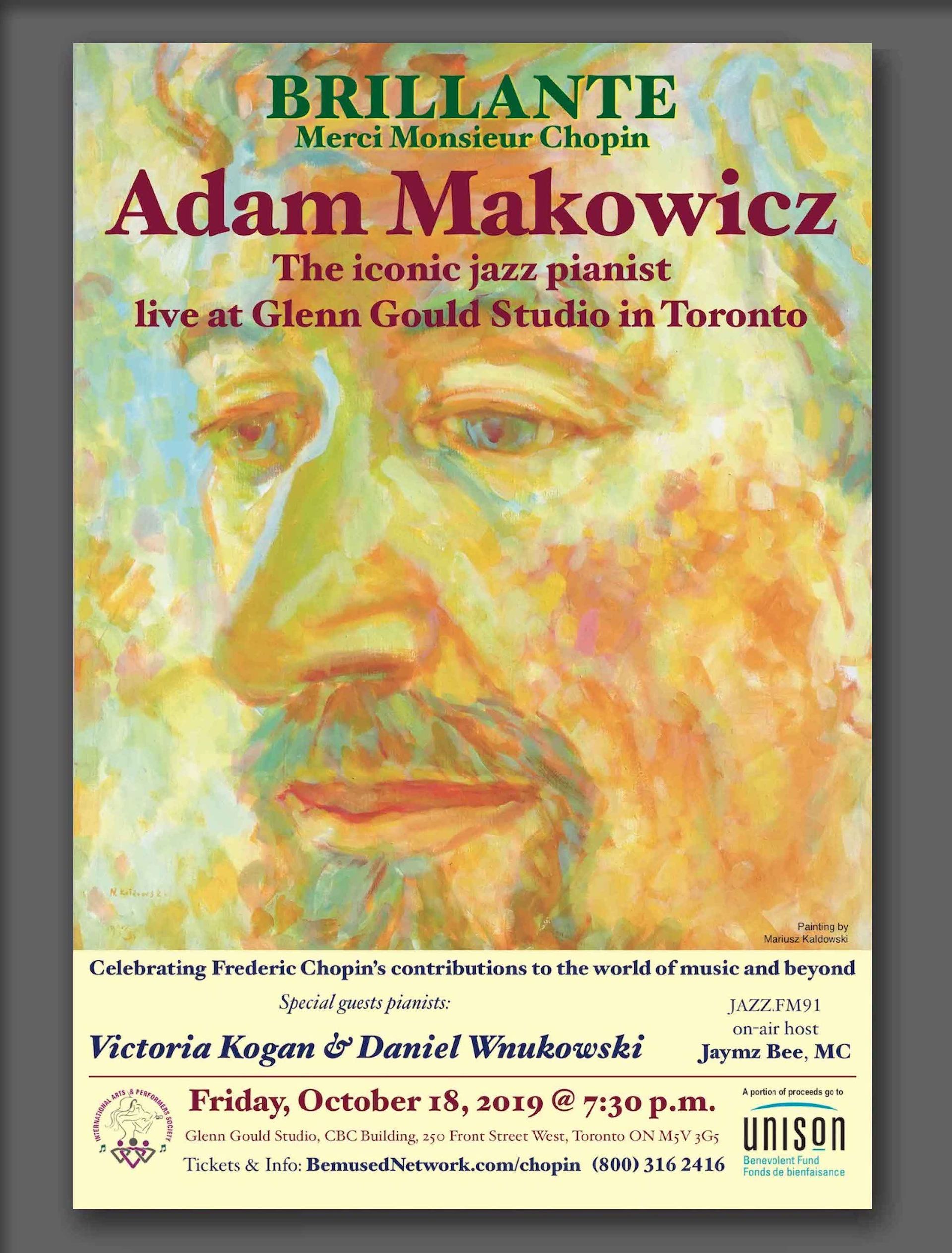 Portrait of A. Makowicz by Mariusz Kaldowski on a poster of his concert at Glenn Gould Studio in Toronto (2019)