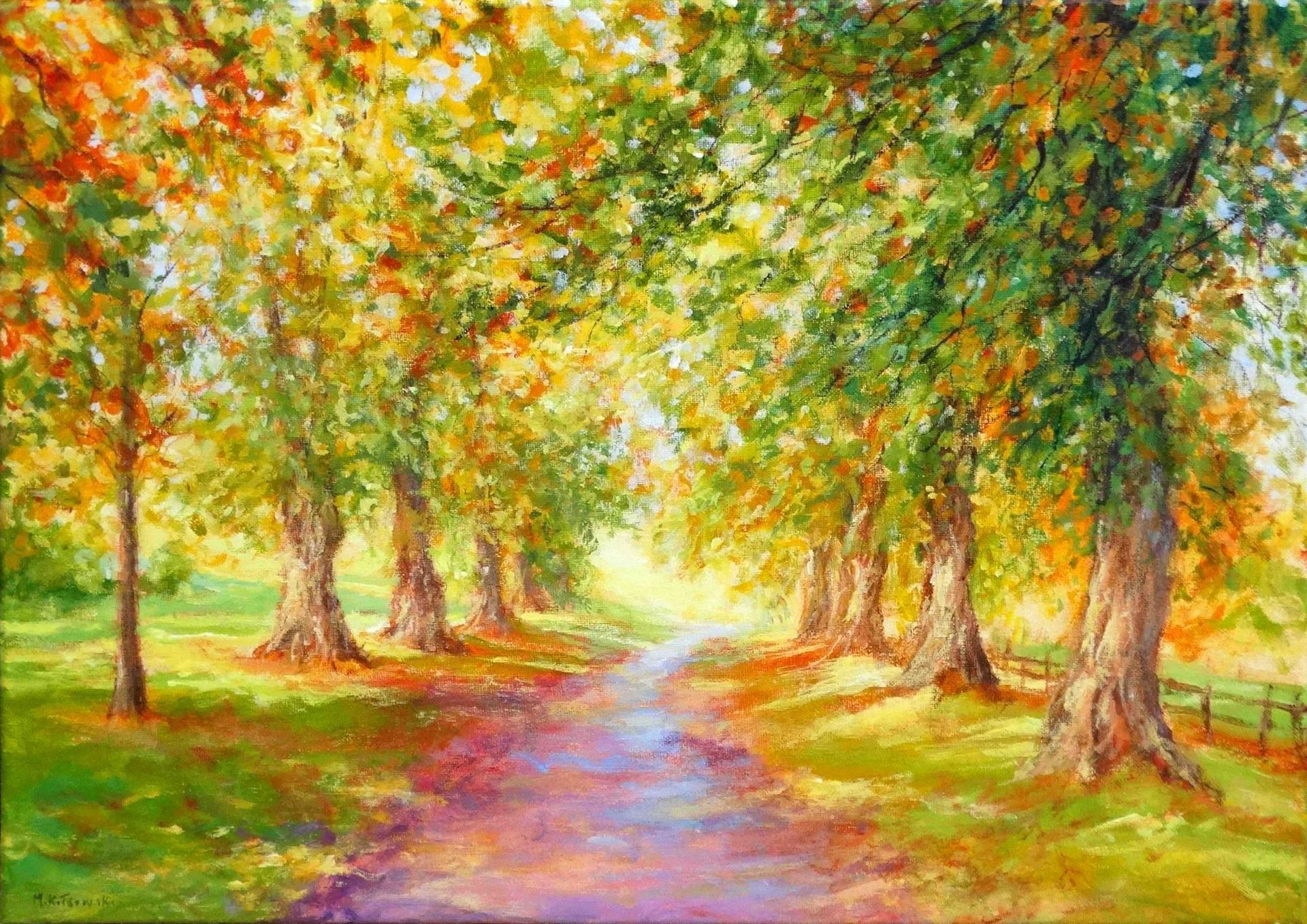 Nymans 2024 acrylic painting by Mariusz Kaldowski, inspired by National Trust gardens, summer Lime Tree Alley at the park