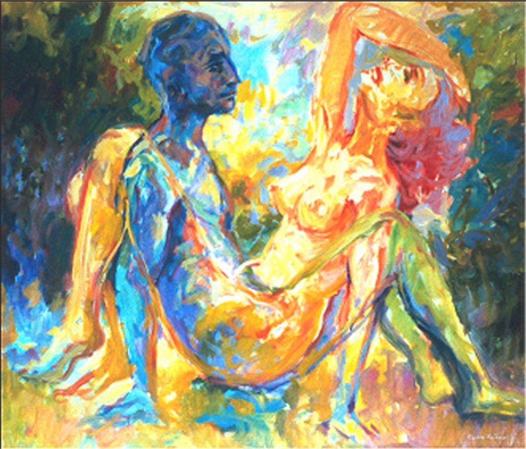 painting Together by Mariusz Kaldowski depicting a nude female and nude male