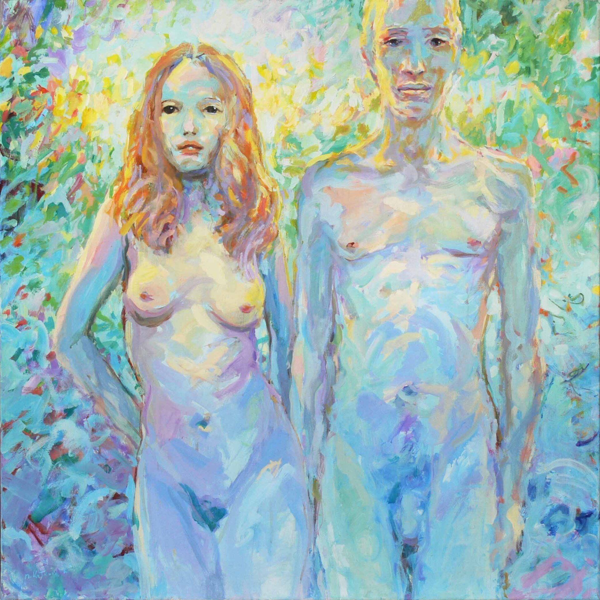First Love: First Moment — young female and male nude together, acrylic on canvas by Mariusz Kaldowski