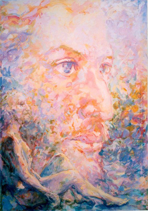 Maturity — double image of male face and resting male figure, acrylic on canvas by Mariusz Kaldowski.
