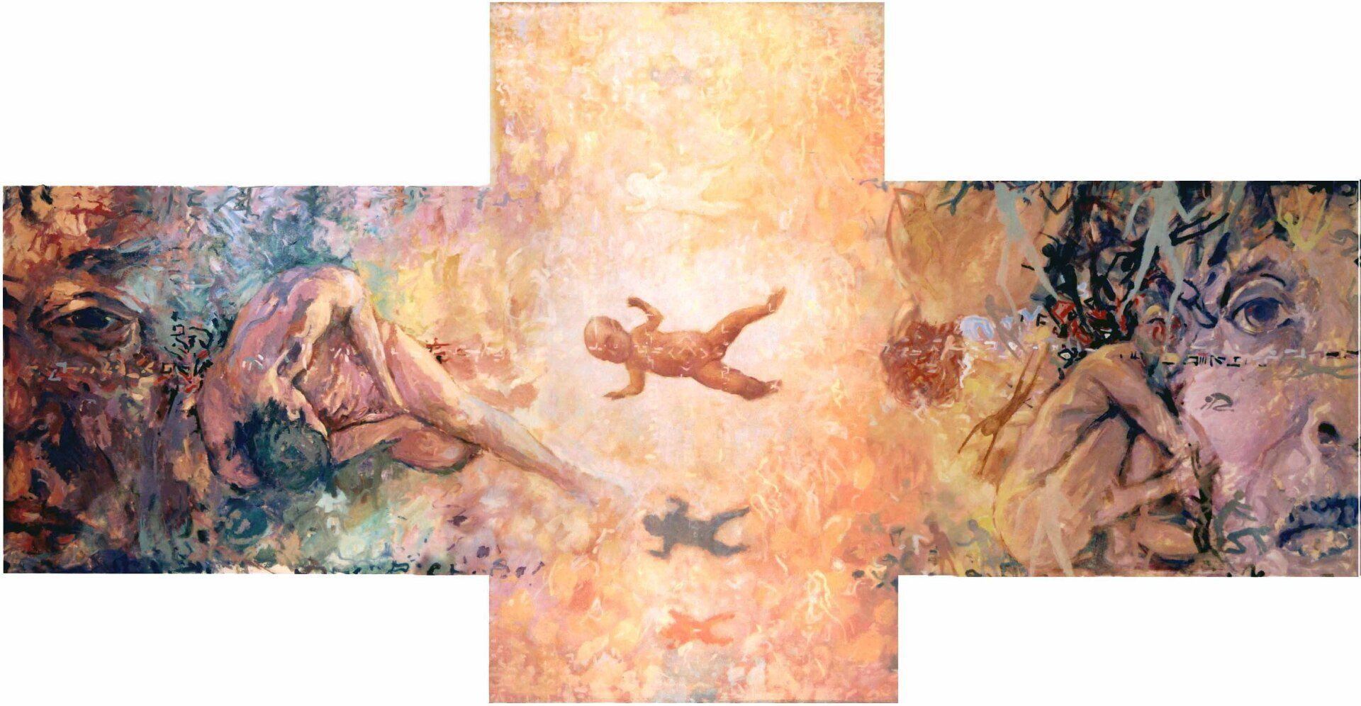 Cross — panoramic acrylic on canvas by Mariusz Kaldowski, figurative sequence with symbolic child birth, cross and rose.