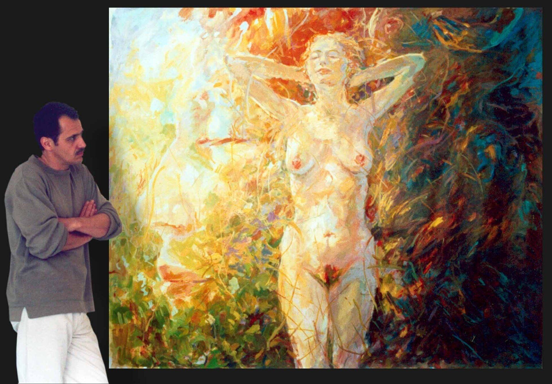 Mariusz Kaldowski with the painting Woman Created — studio/install view.