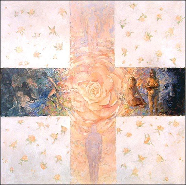 Cross — large figurative composition with childbirth motif, cross and roses by Mariusz Kaldowski, acrylic on canvas.