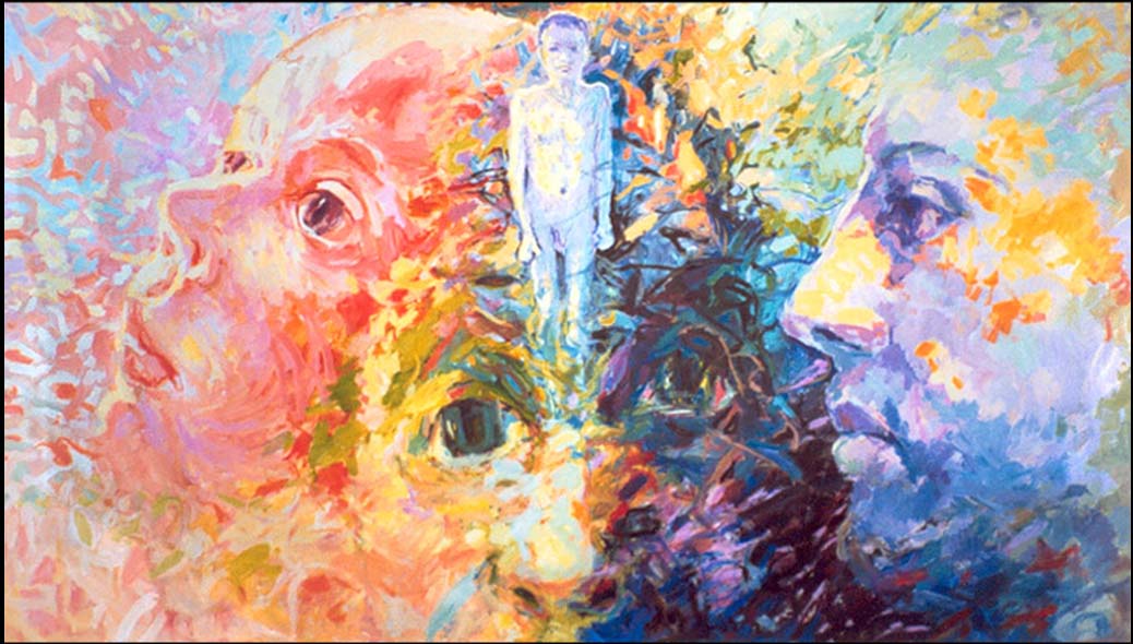 Triptych: Karma — large multi-panel composition by Mariusz Kaldowski, acrylic on canvas. Depicting maturation stages.