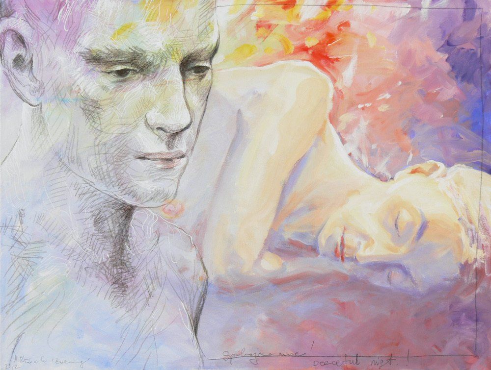 Peaceful Night — man watching a sleeping woman, figurative painting by Mariusz Kaldowski.