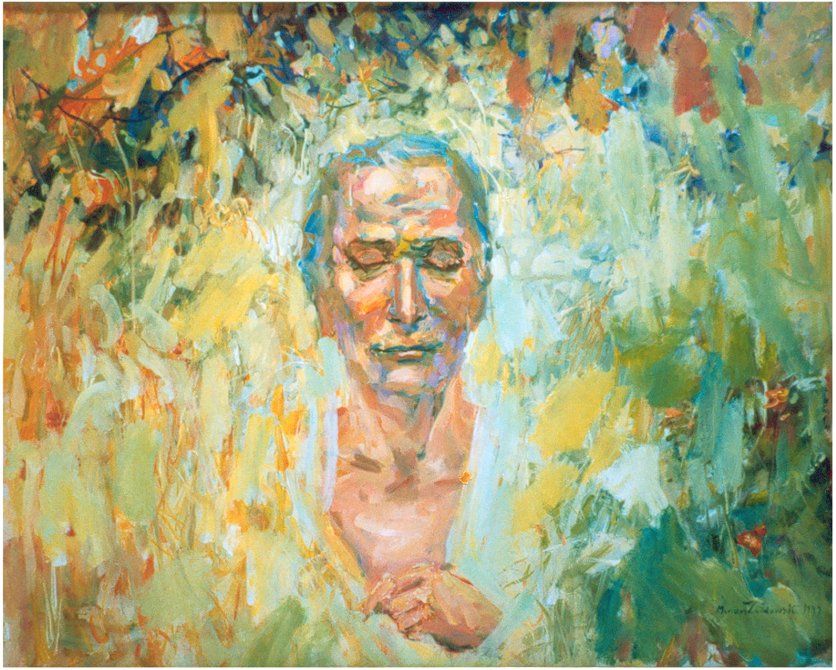 Dreams — sleeping male, contemplative figurative painting by Mariusz Kaldowski