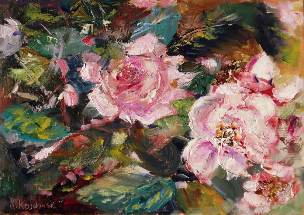 Nymans 2024 oil painting by Kasia Kaldowski, inspired by National Trust gardens, roses at the park