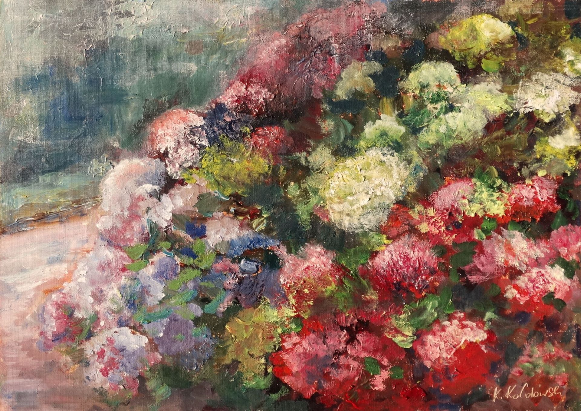 Nymans 2024 oil painting by Kasia Kaldowski, inspired by National Trust gardens, hydrangeas at the park