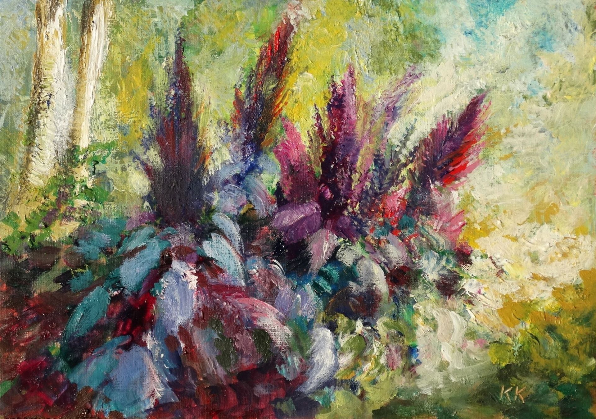 Nymans 2024 oil painting by Kasia Kaldowski, inspired by National Trust gardens, purple glory at the park