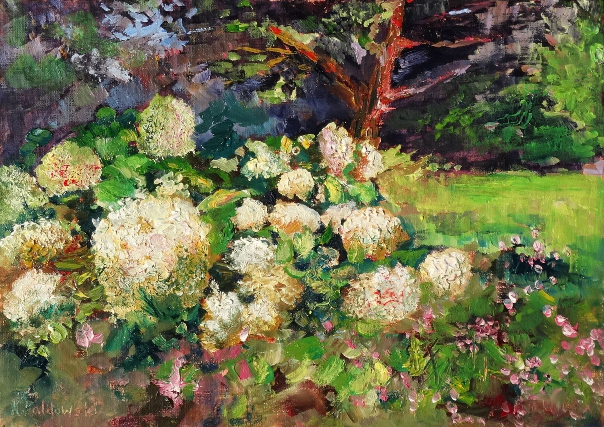 Nymans 2024 oil painting by Kasia Kaldowski, inspired by National Trust gardens, white hydrangeas at the park