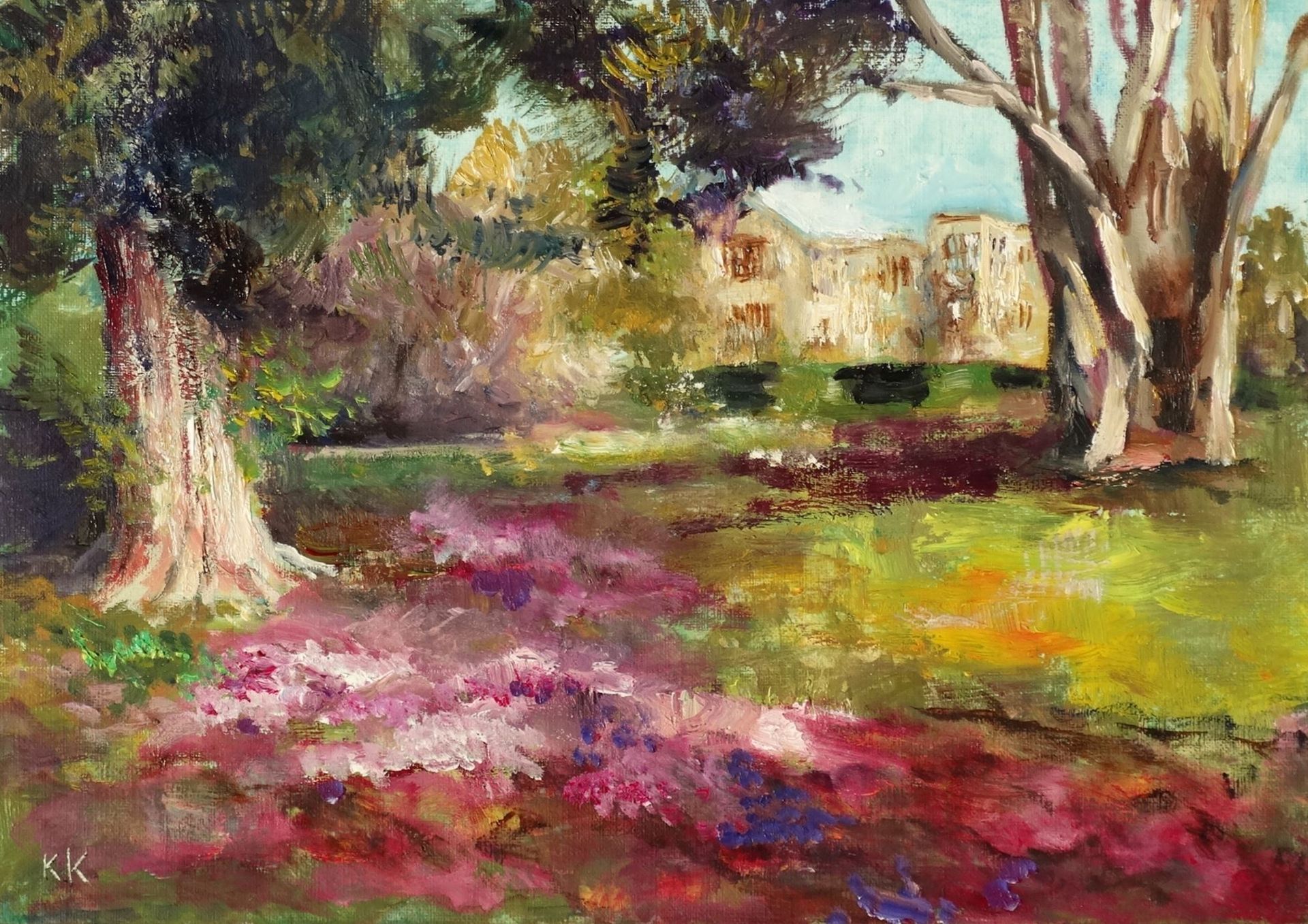Nymans 2024 oil painting by Kasia Kaldowski, inspired by National Trust gardens, view of the house at the park
