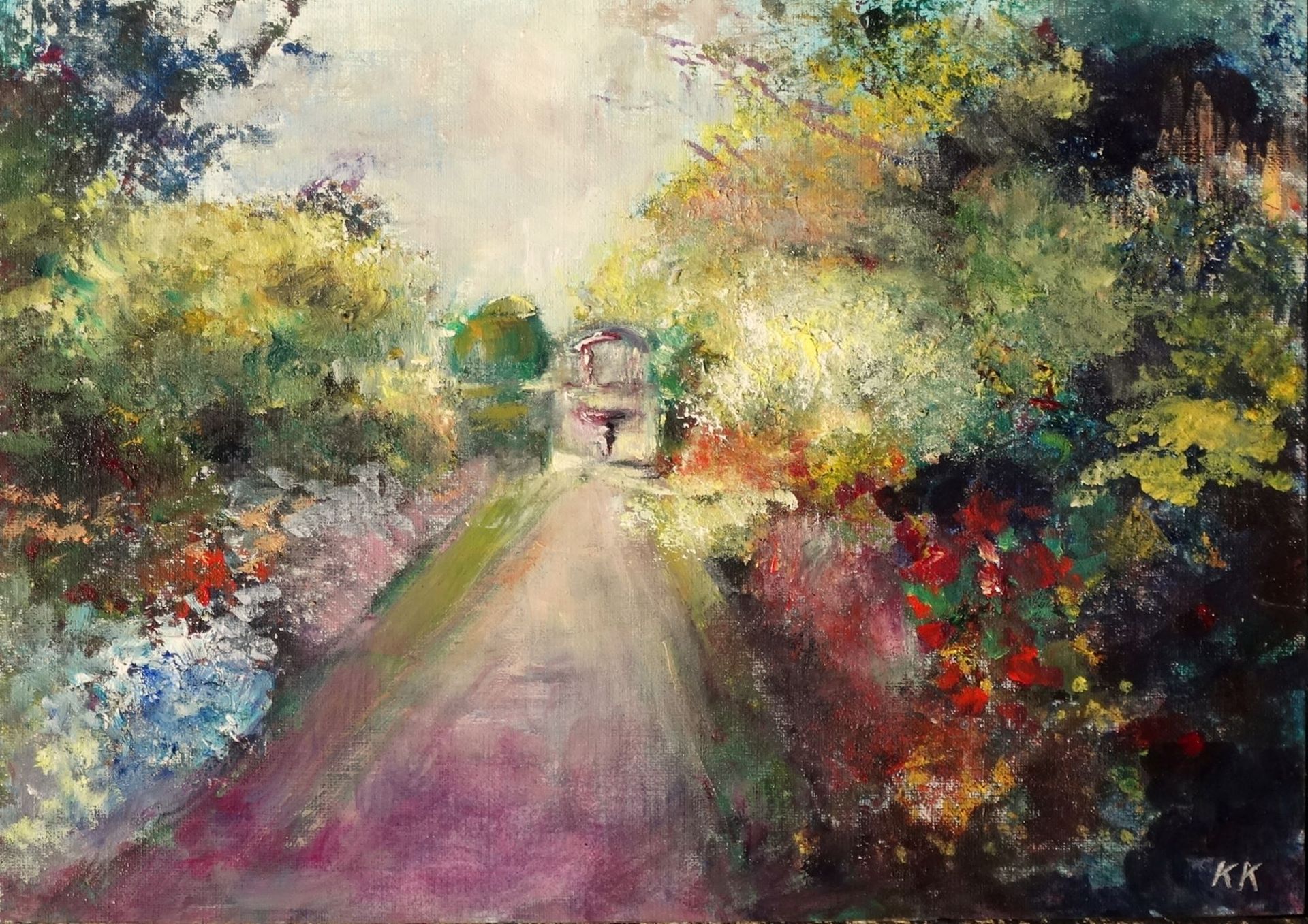 Nymans 2024 oil painting by Kasia Kaldowski, inspired by National Trust gardens, middle alley at the park