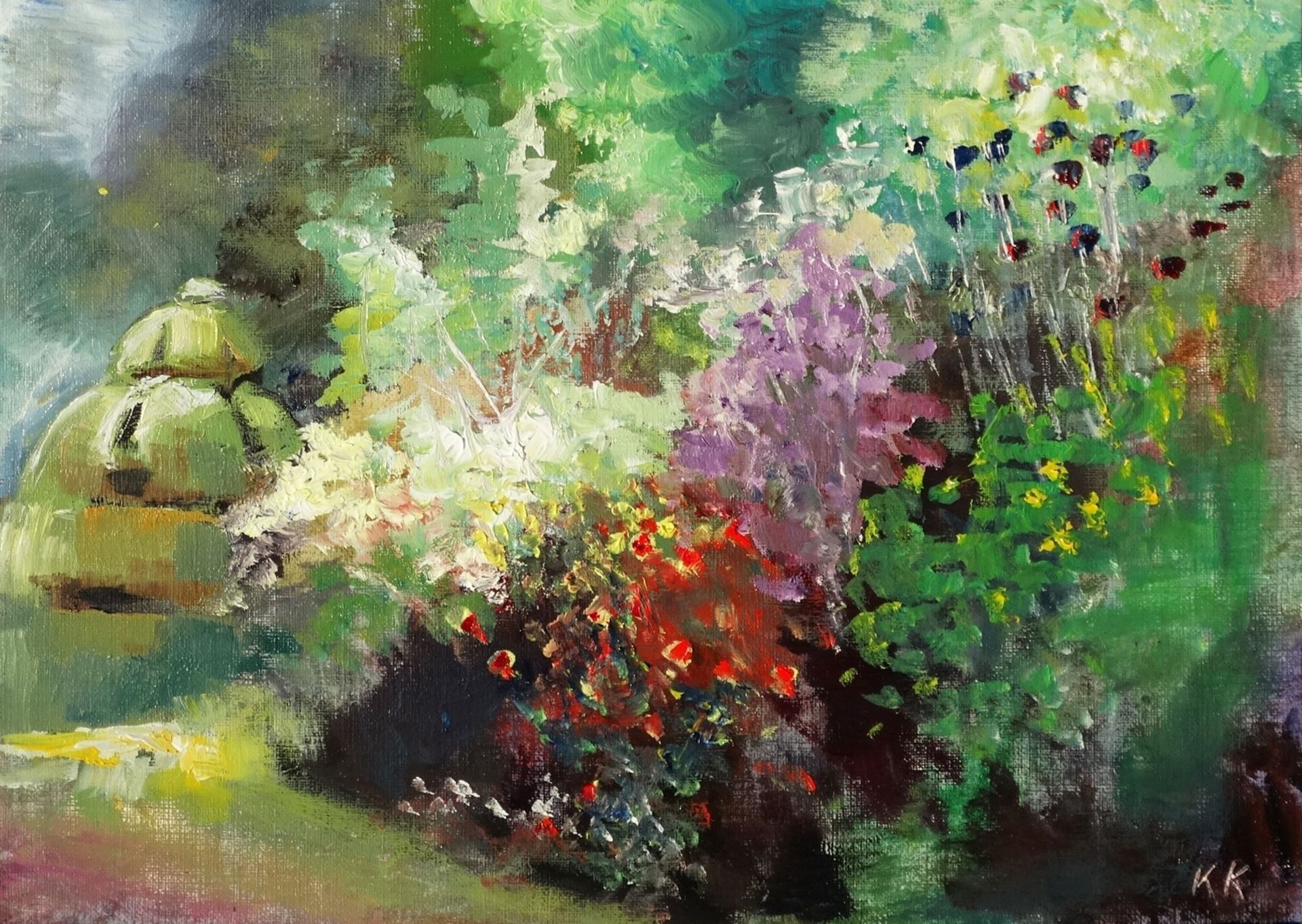 Nymans 2024 oil painting by Kasia Kaldowski, inspired by National Trust gardens, summer border at the park