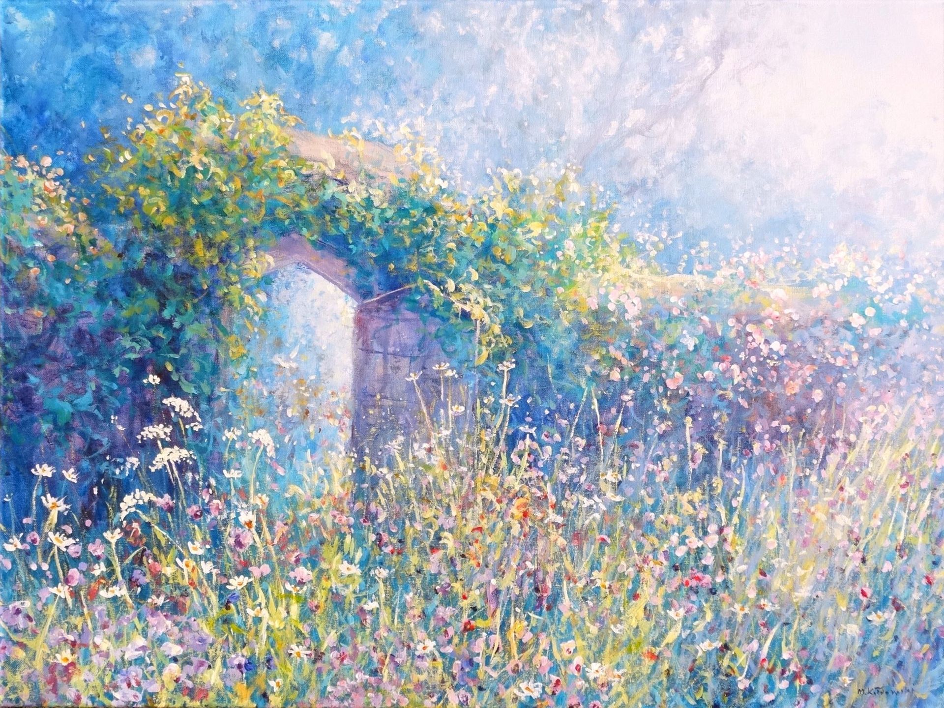 Nymans 2024 acrylic painting by Mariusz Kaldowski, inspired by National Trust gardens, old wall at the park